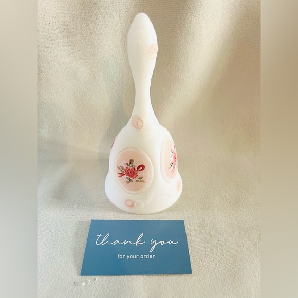 Vintage Fenton Satin Glass Hand-Painted Bell | White Floral Roses | Signed | 6” - Picture 5 of 5